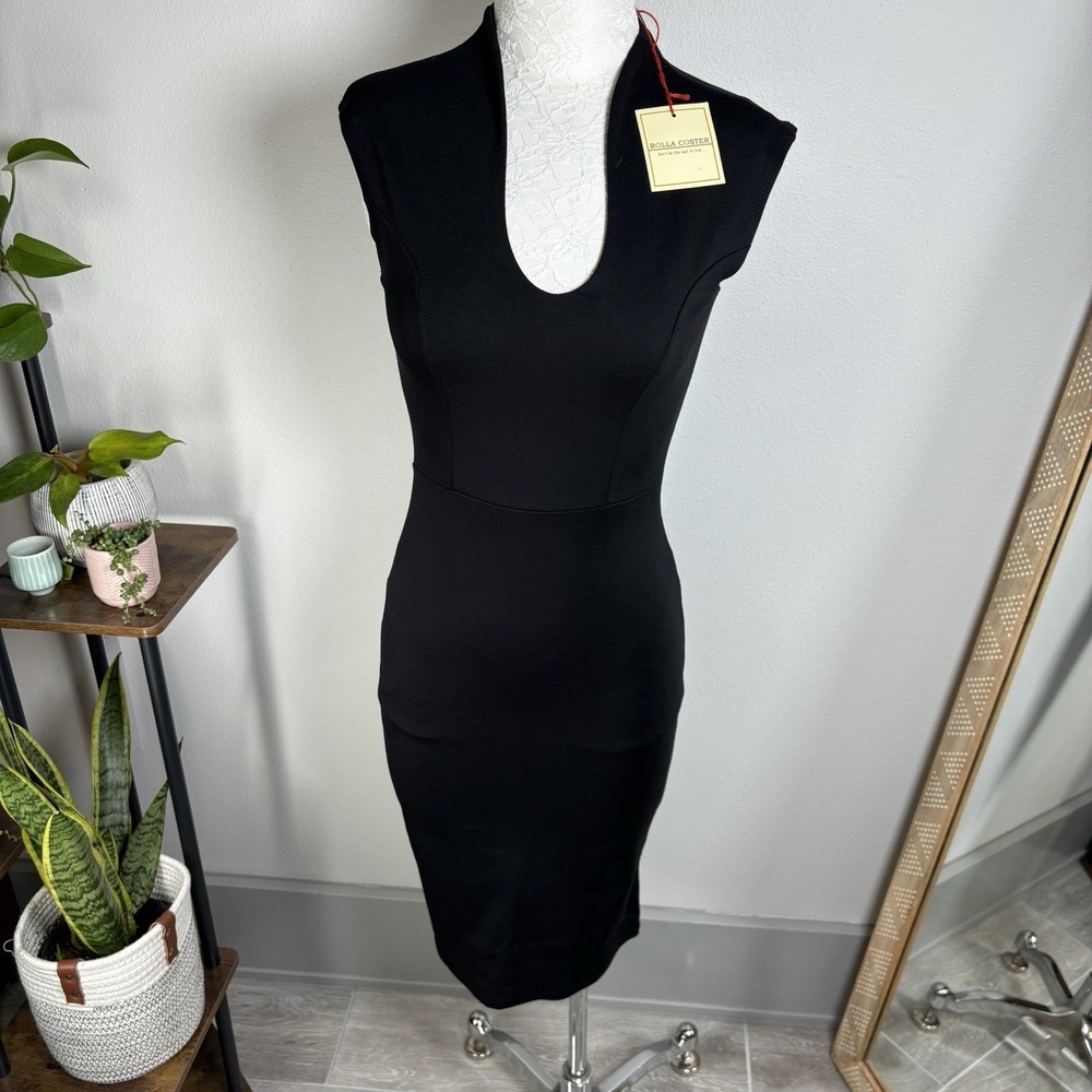 NWT Rolla Coster Women's S Black Bodycon Dress Deep U Neck Stretch Knit Zipper